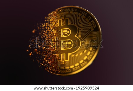 Golden Bitcoin Disintegration in air.  Bitcoin bursting disperse in pieces fragments. BTC destruction. 3D illustration. 