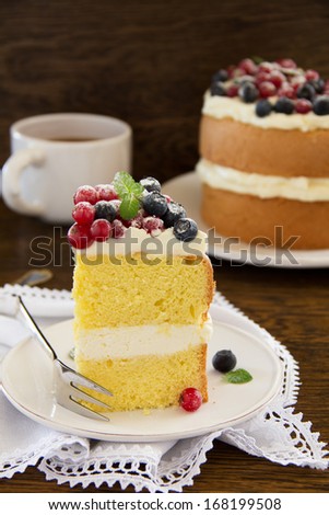 Sponge cake with whipped cream and fresh berries.