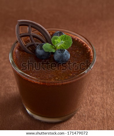 Chocolate mousse with blueberries.