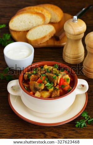 Hungarian goulash with mushrooms and vegetables.
