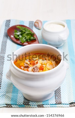 Russian traditional cabbage soup - shchi in a ceramic pot