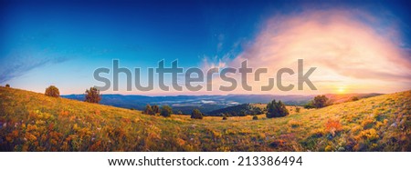 Panorama of wonderful sunrise in the Crimea mountain valley