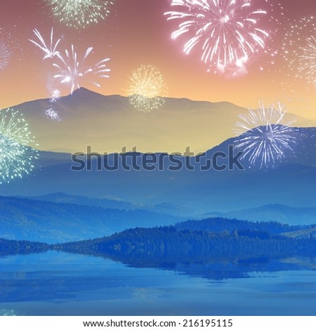 Firework in a Carpathian mountains, reflected in a mountain lake