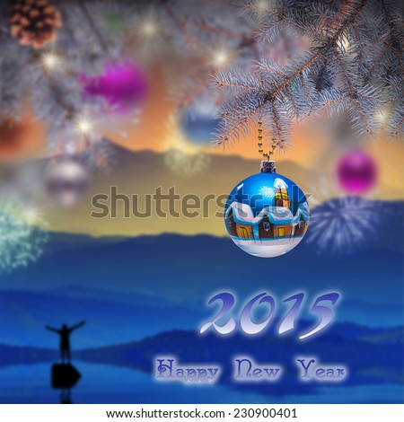 Christmas composition. Fir branches decorated with Christmas toys. Nature New Year background