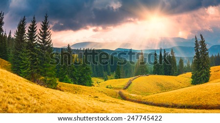 Stormy weather in a Carpathian valley with rays of sunlight, shining to the foggy hills