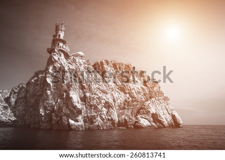 Castle on the cliff by the sea. Swallow\'s Nest Castle Ukraine Crimea mountain. Vintage colors
