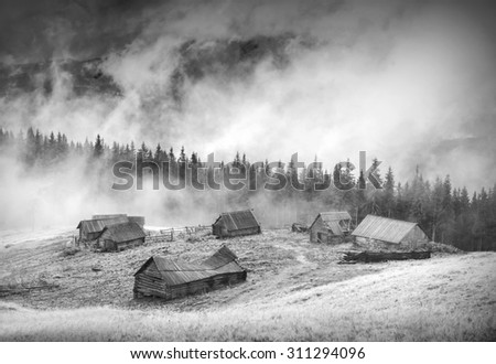 Carpathian misty mountains with old rustic houses on a forest hill. Black and white
