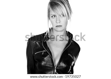 Shot of a Sexy Blonde Girl with Leather Jacket Looking off Camera