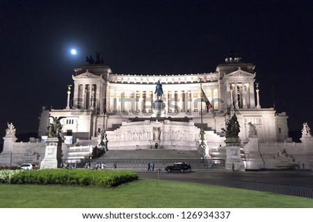 Magnificent night in Rome.  Historic building in projectors lights at full moon summer night in Rome.