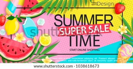 Super sale banner with gourmet food to summer time such as ice cream,watermelon,strawberries.Vector illustration template and banners, wallpaper,flyer,invitation, poster,brochure,voucher discount.