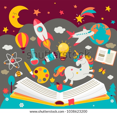 Concept of kids dreams while reading the book. ?hildren's imagination makes fairy tales real. Open book with many fabulous elements. Vector illustration in flat style.