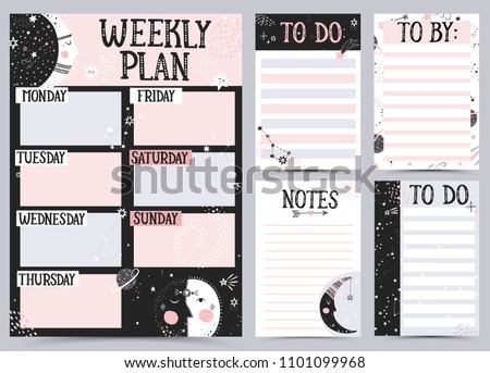 Weekly and Daily Planner Template. Organizer and Schedule with Notes and To Do List. Vector illustration.