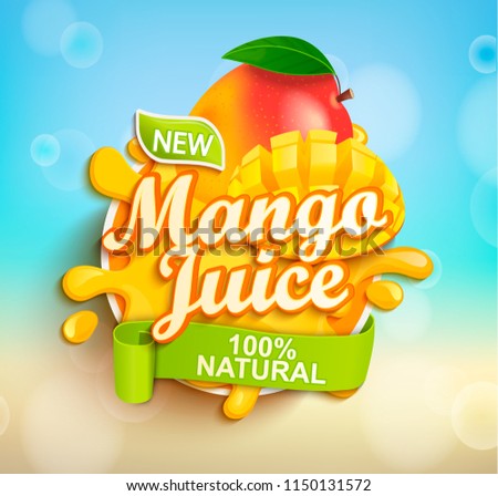 Fresh and natural Mango juice with mango slices in juice splash. Perfect for retail marketing promotion and advertising. Vector illustration.