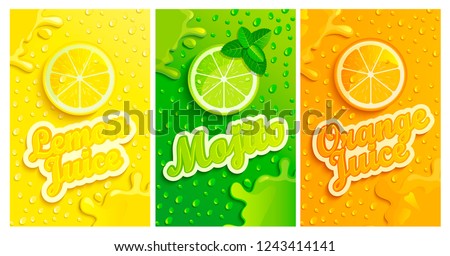 Set of fresh lemon,mojito,orange juices backgrounds with drops from condensation, splashing and fruit slices for brand,logo and template,label,emblems,stores,packaging,advertising.Vector illustration