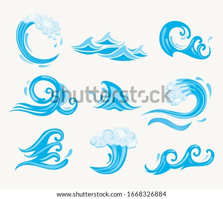 Set of sea waves. Ocean tidal or storm wave isolated on white background. Template design for surfing and seascape, vector illustration. Surge, ripple, wavelet in nature. Vector illustration.