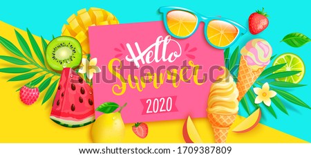 Summer 2020 bright greeting banner. Sweet symbols of hot season - ice cream, watermelon, mango and kiwi, strawberry and tropical leaves on two colors geometric background.Vector Illustration.