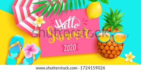 Hello summer 2020 bright greeting banner. Hipster pineapple invites to hot season, poster with tropical leaves,lemon, sun umbrella on two colors geometric background.Vector Illustration.