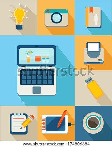  Icons for web design. Vector freelance work concept - icons and sign in flat style.