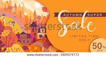 Autumn sale card with fall countryside landscape: trees, houses, mountain.Big discounts in new season with panoramic of countryside. Banner, poster, card with clearance.Vector illustration.