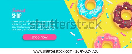 Sweet shop horizontal banner with donuts and place for text for your design. Great for kids menu, caffee, posters, web, cards, cafeteris advertise.Template vector illustration.