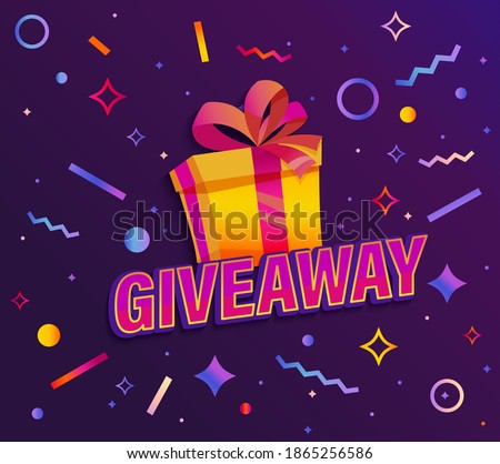 Giveaway banner,Win poster with giftbox with prize to winner on background with abstract geometric shapes.Template design for social media posts,web banners.Offer reward in contest,vector illustration