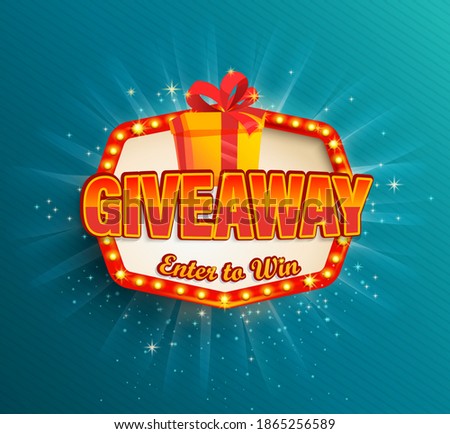 Giveaway banner,Win poster with giftbox with prize to winner in retro light frame with glowing lamps.Template design for social media posts,web banners.Offer reward in contest,vector illustration.