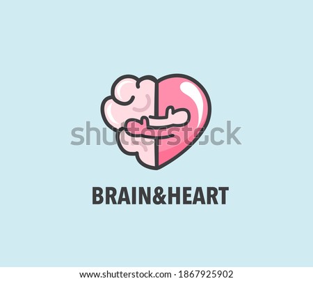 Halves of heart and brain that are hugging. Warm hugs of rational and emotion as symbol of health. Close embrace as physical and mental love logo. Banner, flyer, web poster. Vector illustration