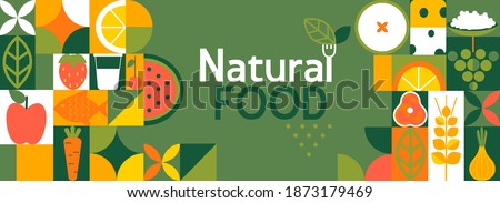 Natural food banner in flat style. Fruits and vegetables in simple geometric shapes.Great for flyer, web poster, natural products presentation templates, cover design. Vector illustration.