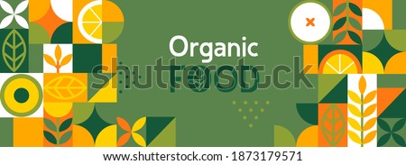 Organic food banner in flat style. Fruits and cereals geometry minimalistic with simple shape and figure.Great for flyer, web poster, natural products presentation templates, cover design. Vector .