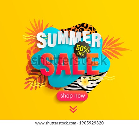 Summer Sale banner for hot season with animal print. Discount poster with tropical leaves and price off offer.Invitation for shopping with 50 percent off,special offer card, template for design.Vector