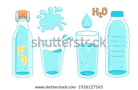 Set of water in bottles and glasses. Full bottle with lemon and glass, splash and water drop with text. Hand drawn cute vector illustartion. H2O for health.Drink more water.