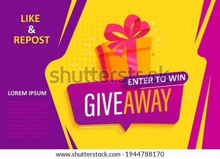 Giveaway banner, calling to repost if like. Enter to win web banner with gift box with prize to winner. Template design for social media posts, flyer. Offer reward in contest, vector illustration.