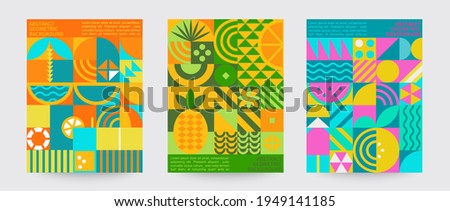 Geometric summer backgrounds with simple shapes and figures forming sunglasses,drink,orange,watermelon,pineapple,ice cream and other summer symbols.Posters,flyers,banners for covers,web,print.Vector.