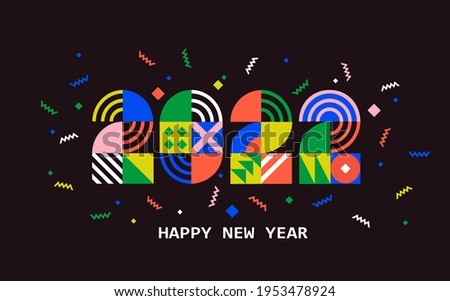 2022 New Year banner with numbers from simple geometric shapes and figures inside confetti on black background. Template for greeting card, invitation, poster, flyer, web.Vector illustration isolated.