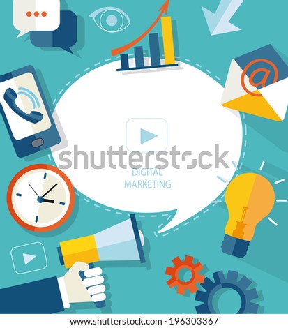 Flat vector illustration megaphone with cloud, puzzles, icons on media theme. Digital marketing concept. 