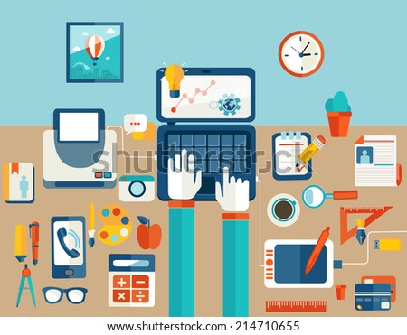 Set of Flat Design Icons. Marketing Technologies, Concept Icons for Web Site Design. Digital Art and Gadgets. Flat modern design raster copy concept of creative office workspace, workplace.