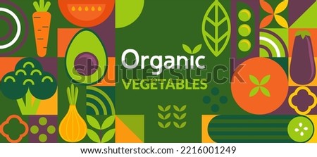 Organic vegetable banner.Natural food in simple geometric shapes,geometry minimalistic style with simple shape,figure.For flyer, web poster,natural products presentation templates, cover design.Vector