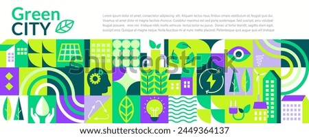 Green city horizontal banner in geometric flat style. Ecology,sustainable poster,flyer with symbols of solar panels, wind turbines-eco, green energy concept.Smart future lifestyle.Vector illustration