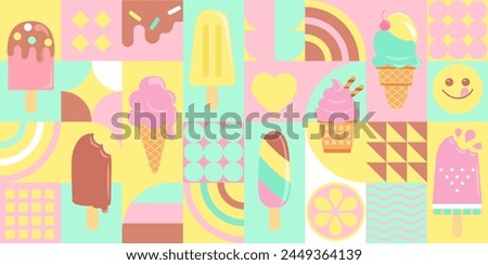 Ice creams in geometric flat style. Sweet summer delicacy,sundaes,gelatos with different tasties,ice-cream cones,popsicle with different topping.Vector illustration template for web,design,print.