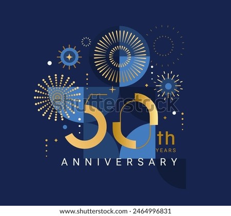 Anniversary 50 years, fifty years congratulations Elegant card for event with abstract golden fireworks and numbers on blue background. Template for poster, banner, flyer, party. Vector illustration