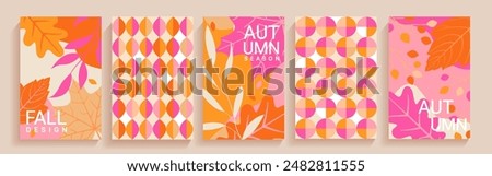 Autumn themed bright covers.Fall leaves, simple geometric patterns for design.Template for print.Vertical banners,flyers for social media,web,ads,promo.Vector for seasonal offers,presentation,shopping