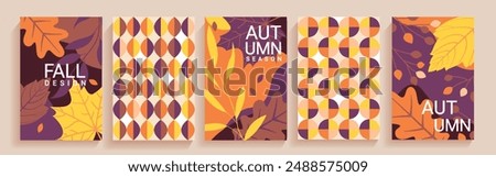 Autumn themed covers.Fall leaves, simple geometric patterns for design backgrounds.Template for print.Vertical banners,flyers for social media,web,ads,promo.Vector for seasonal offers,presentation.