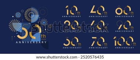 Set of anniversary logo for every decade with template for anniversary 50 years.Card with golden fireworks and numbers.Design for web,poster,banner,flyer,party,wedding,greeting card,invitation.Vector