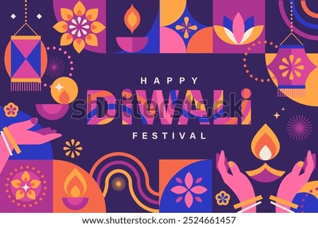 Diwali festival banner, card with symbols of holiday in minimal geometric style-oil lamp,lotus,fire.Template design for web and social media, Diwali festival with Rangoli decoration with Diya.Vector