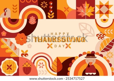 Happy Thanksgiving Day banner with geometric symbols of holiday-turkey,pumpkin,pie.Thanksgiving Autumn harvest sale 2024. Autumnal festive.Template for promotion,web,cards,flyers, posters,ad.Vector