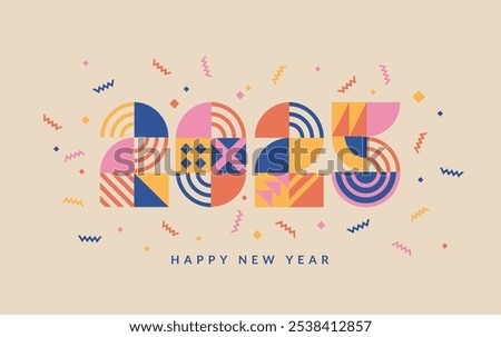 2025 New Year banner with isolated numbers from simple geometric shapes and figures inside confetti. Template for greeting card, invitation, poster, flyer, web. Vector illustration.