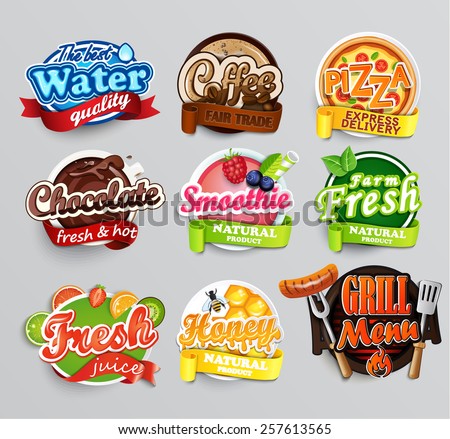 Set of stickers of food -  farm fresh,pizza, fresh juice and grill, water, chocolate, coffee, smoothie, honey . Vector. 