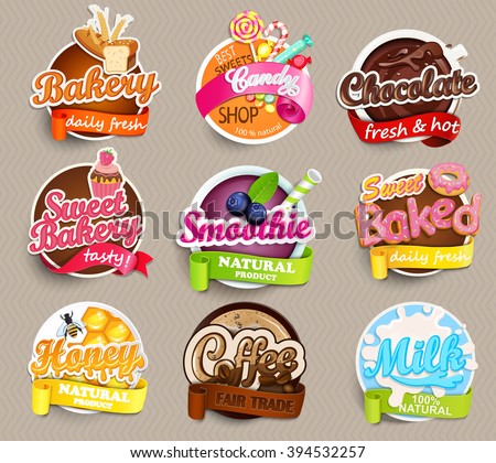 Set of stickers of food – farm fresh,pizza, fresh juice and grill, water, chocolate, coffee, smoothie, honey . Vector.