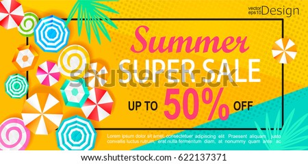 Summer super sale banner with sun umbrellas on background. Vector illustration template and banners, wallpaper, flyers, invitation, posters, brochure, voucher discount.