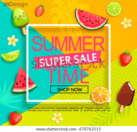 Summer geometric super sale banner with fruits, ice-cream, flowers. Vector illustration.